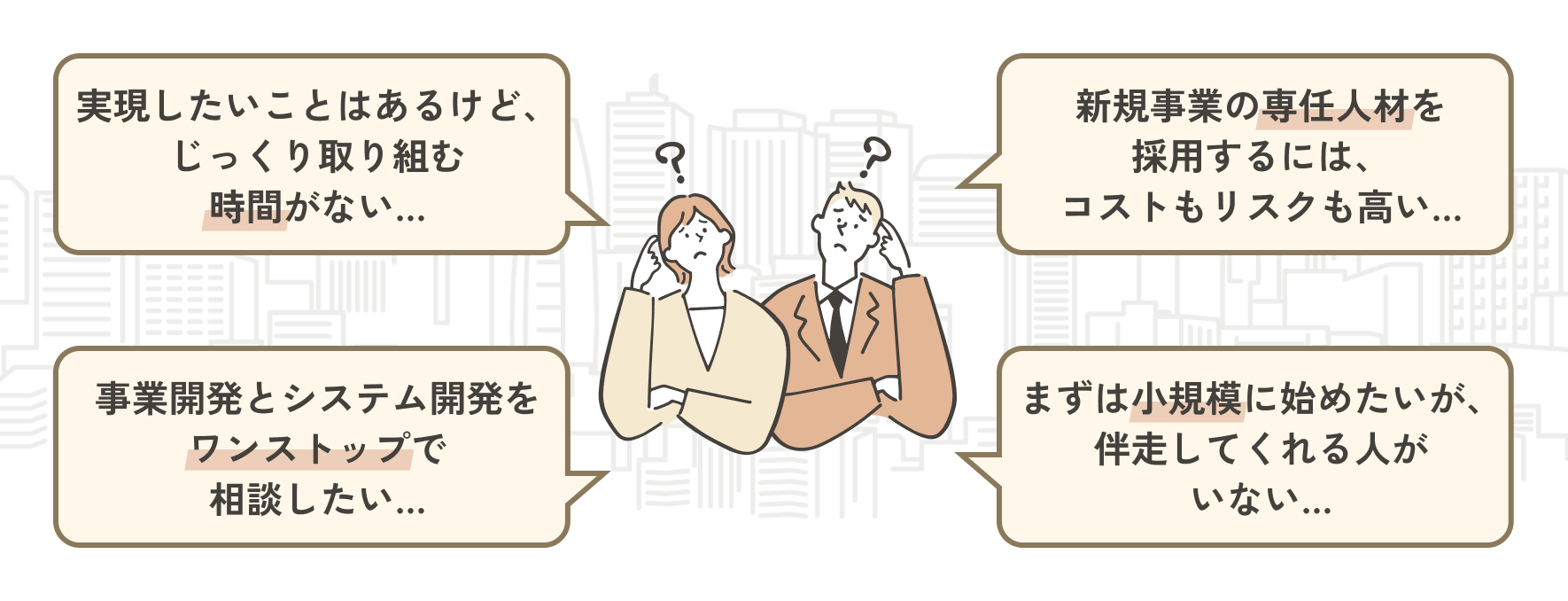 実現したいことはあるけど、じっくり取り組む時間がない... 新規事業の専任人材を採用するには、コストもリスクも高い... 事業開発とシステム開発をワンストップで相談したい... まずは小規模に始めたいが、伴走してくれる人がいない...